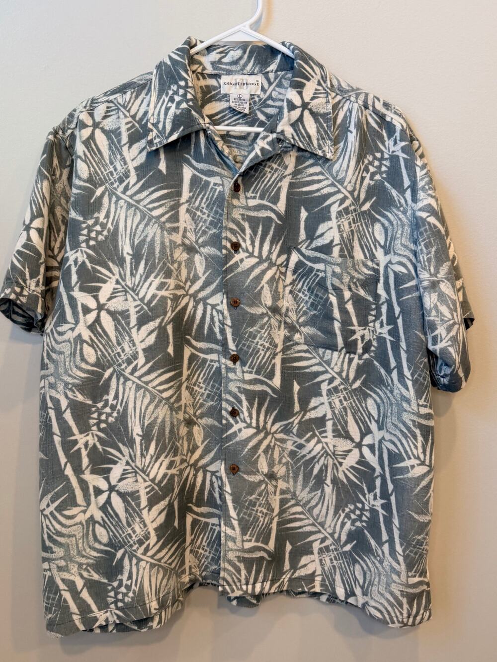 Knightsbridge Men's large Hawaiian Aloha Shirt Large Gray White Palm Leaf Button